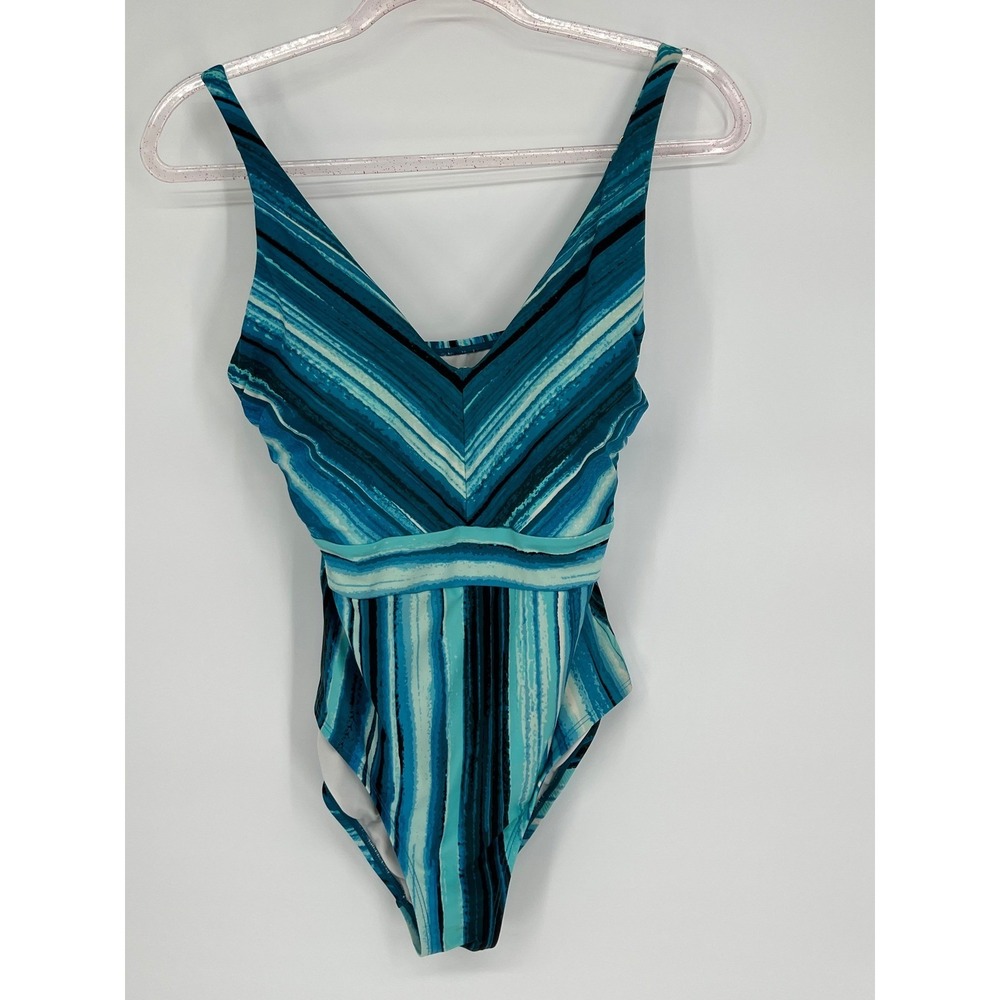 Jantzen Teal Blue‎ Striped One Piece Swimsuit Plunge V Neckline Size 8